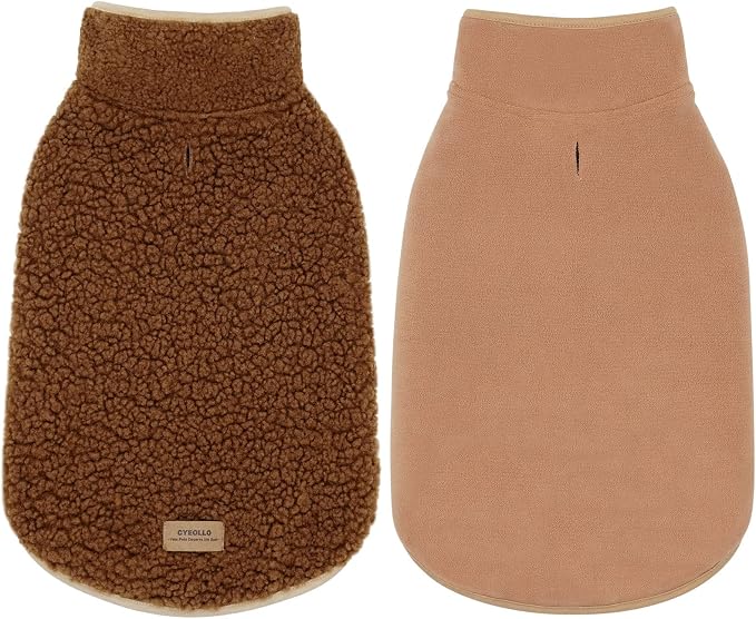 cyeollo Fleece Dog Jacket Reversible Turtleneck Furry Sweater Thick Dog Clothes for Winter Warm Cold Weather Coats for Small Medium Dogs Apparel, Brown, XL