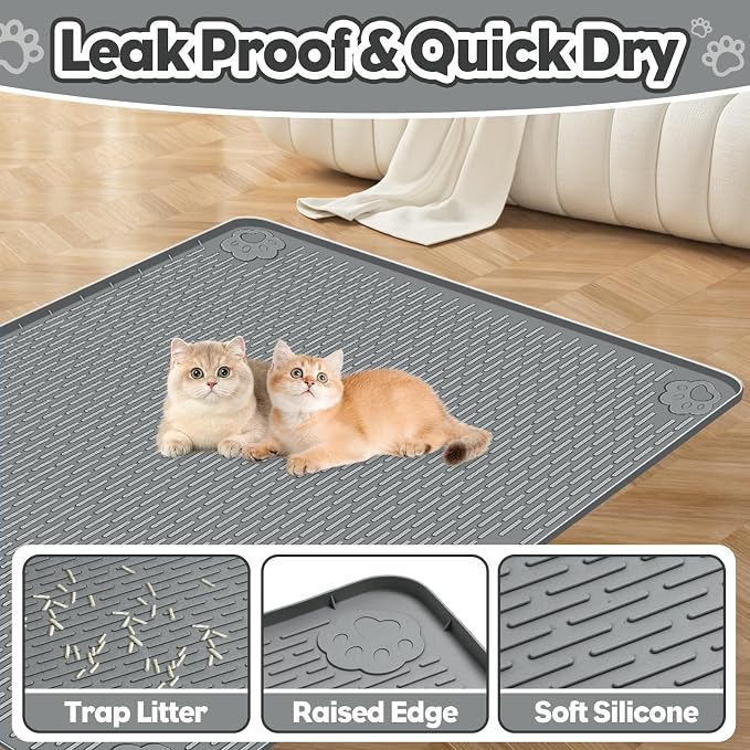 Silicone Cat Litter Mat for Litter Box 40”x28” Large Cat Mat, Dark Grey | Waterproof, Non-Slip, Leak-Proof Rug Mat with Lip, Easy to Clean, Extra Large Litter Catcher Mat for Floor