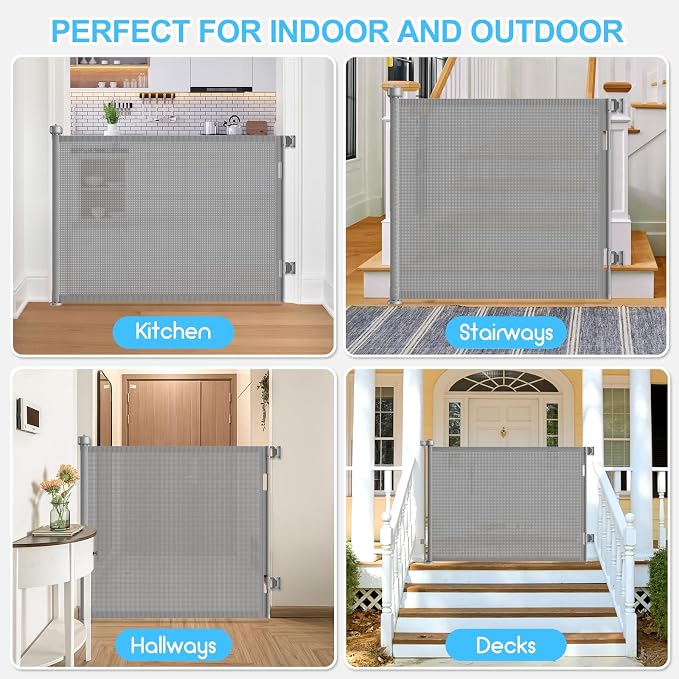 EZIGO 55 Inch Retractable Baby Gates, 41 Inch Extra Tall Retractable Gate | One-Hand Operation Retractable Dog Gate, 4.58FT Mesh Safety Pet Gate for Stairs, Deck, Porch, Doorways Indoor Outdoor, Gray