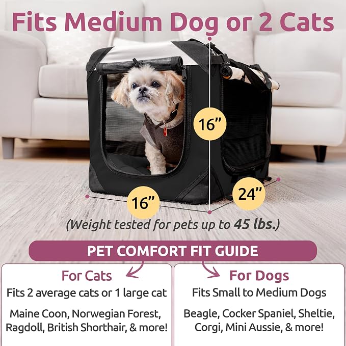 Cat & Dog Pet Carrier, Soft-Sided, Large 24"x16"x16", Fits Large Cat, 2 Cats, or Medium Dog Comfortably, Great for Travel & Vet Visits, Privacy Windows, Removable Bed, Locking Zippers, Foldable