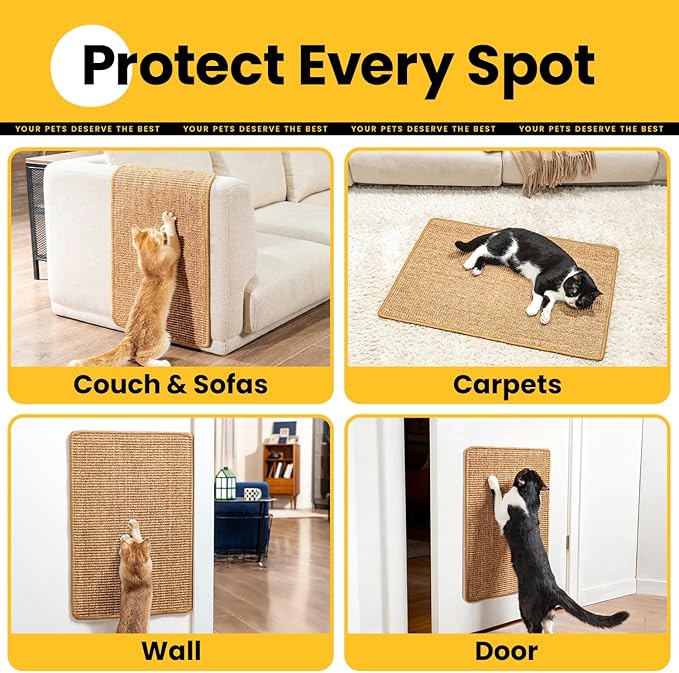 Conlun 2-Pack Cat Scratching Pads, 15.7x23.6in Sisal Wall & Couch Protector | High-density Sisal Mat, No Fraying, Mess-free, Anti-slip Backing, Adhesive Strips for Easy Mounting, Brown