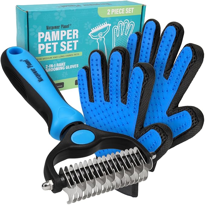 Maxpower Planet Pet Grooming Brush and 2X Grooming Gloves Combo - Double Sided Dematting, Deshedding Undercoat Rake for Dogs and Cats - Reduce Shedding Easily - Blue | Cat & Dual-Sided Rake, Dematting, Adjustable Fit, Machine Washable, Dog Brush for sh...