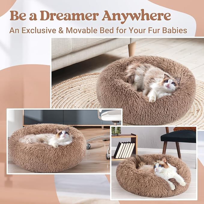 rabbitgoo Calming Cat Beds for Indoor Cats, 20 inches, Light Brown | Soft Warm Donut, Fluffy Faux Fur, Supportive Raised Rim, Anti-slip, Machine Washable, Up to 15lbs Kittens & Small Cats