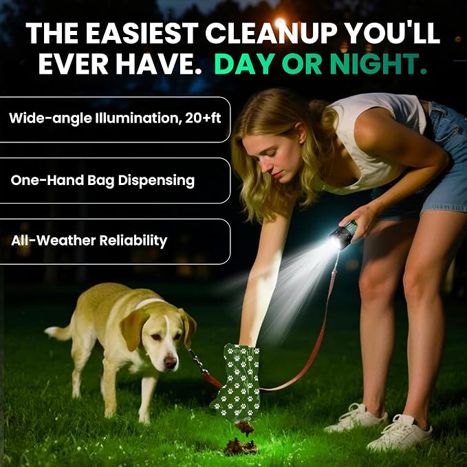 Dog Poop Bag Dispenser with LED Flashlight for Leash | USB-C Rechargeable, Waterproof, Hands-Free Waste Bag Holder, Includes 45 Bags (3 Rolls)