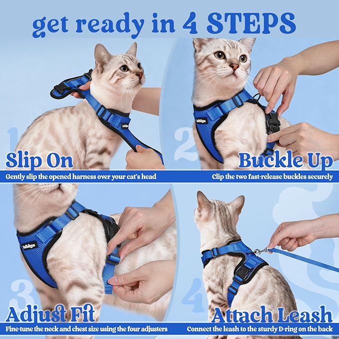 rabbitgoo Cat Harness and Leash Set, Escape Proof Vest, Navy Blue | Soft Breathable Mesh, Easy Adjustable Fit, Snap Buckles, Sturdy Clip, Reflective Strips, for Medium to Large Cats Walks, M