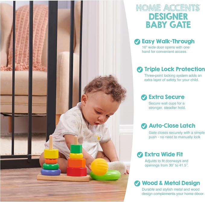 Regalo Safety 30"-41.5" Extra Wide Baby Gate, Bottom of Stairs & Doorways | Pressure Mounted with Door, For Babies, Toddlers & Pets, Black with Wood Accent, Tested & Trusted for 30 Years