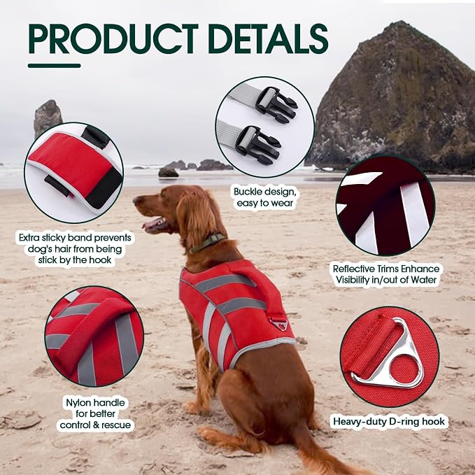 Kuoser Reflective Dog Life Jacket, Dog Life Vest for Swimming Boating | Adjustable Pet Lifejackets, High Flotation Doggie Swimsuit with Rescue Handle for Small Medium Large Dogs