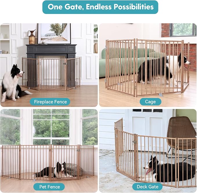 No Pawblems Full Metal Freestanding Dog Gate with Door, 30" Tall | Foldable Pet & Dog Fence for Stairs/Deck/Doorways, Indoor/Outdoor, Freestanding & Wall Mount, 156" Wide, 6 Panels, Brown