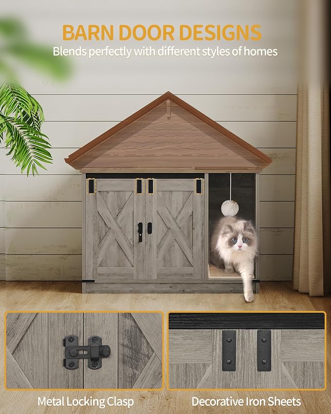 Hzuaneri Cat Litter Box Enclosure, Hidden Litter Box Cabinet Furniture | Indoor Cat House with Bell, Farmhouse Style, 31.5 x 19.7 x 20.9 Inches, for Hallway, Bedroom, Light Ivory and Brown CB82405X