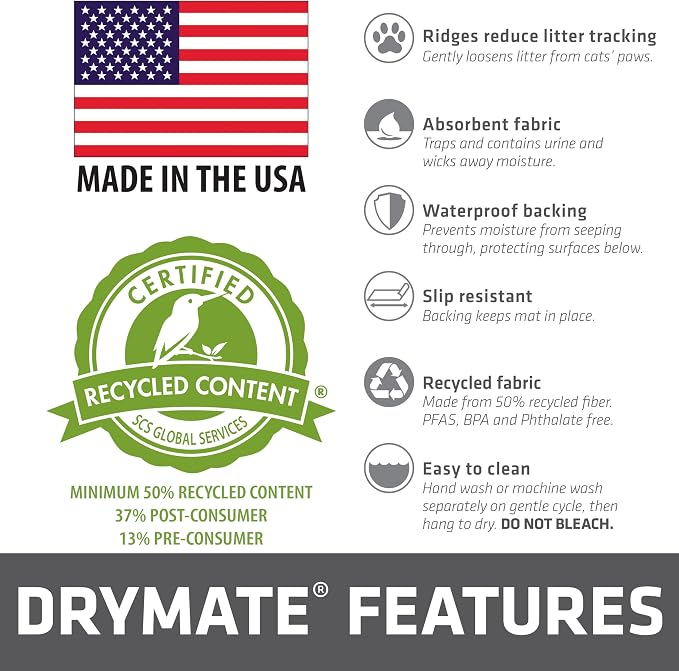 Drymate Cat Litter Box Mat, Litter Trapping Mat, Grey, 36x47 Jumbo XXL | Waterproof, Urine-Proof, Absorbent, Machine Washable, Soft on Paws, Contains Mess, Protects Floors, Kitten Supplies, USA Made