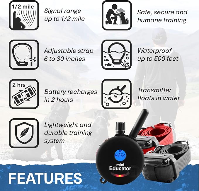 Educator ET-302 Black Mini E Collar for Dog Training with Remote - 1/2 Mile Range, Waterproof, 100 Blunt Stimulation Levels, Tone or Vibration Mode, Night Light for Small, Medium & Large Dogs (2 Dogs)