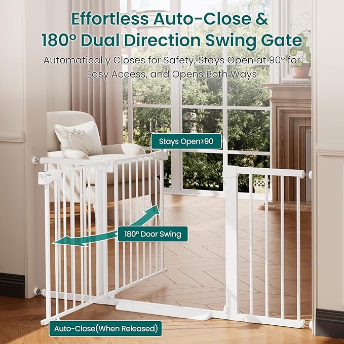 Cumbor 30-54" Extra Wide Baby Gate for Stairs, Auto Close Dog Gate White | Dual Lock Pet Gate Indoor, Easy Install Safety Gate for Doorways, Hallway & Kitchen, Easy Walk Thru Proofing for Babies & Pet