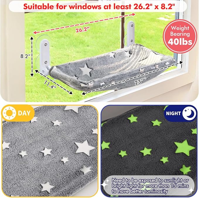 Zoratoo Glow in the Dark Cat Window Perch, Foldable Cordless Pet Hammock, L | Glowing Stars Fabric, Sturdy Metal Frame, Removable for Machine Wash, Comfortable Sunken Design Resting Seat for Indoor Cats
