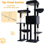 65" Cat Tree Tower, Anti-Tip Cat Condo for Indoor Cats VCT012G | Cat Furniture with Extra Wide Baseboard & Large Perch, 2 Hammocks, Cozy Condo, 7 Sisal Scratching Posts, Smoky Gray