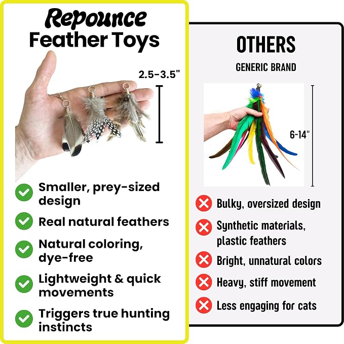 Cat Feather Toy Refill 3-Pack - Natural Feather Cat Toy - Small Size Cat Wand Attachments - Official Cat Toy Feather Replacement for Forever Stick Cat Wand Toy - Cat Wand Refill - Cat Lure and Teaser