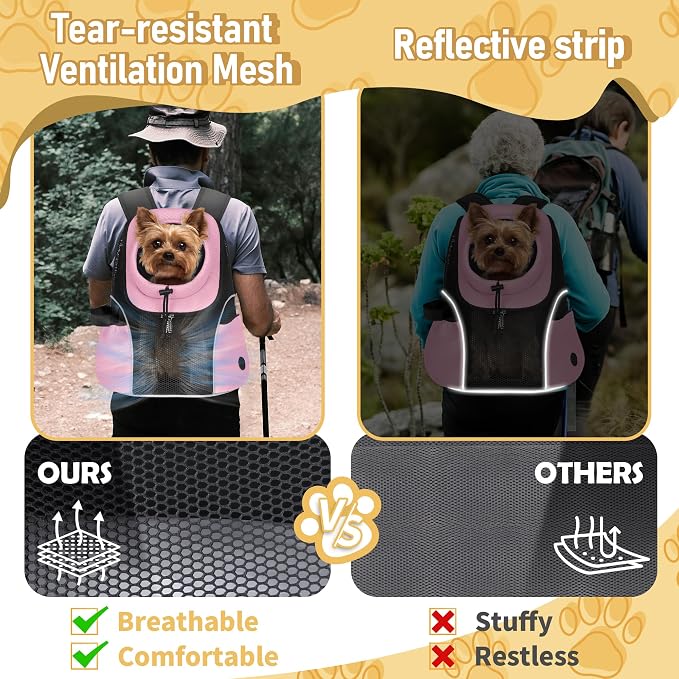 WOYYHO Pet Dog Carrier Backpack, Ventilated Mesh Small Dog Front Backpack | Breathable Puppy Back Pack, with Safety Belt, Storage Pockets, for Travel Hiking Cycling Outdoor Adventures, Pink, L