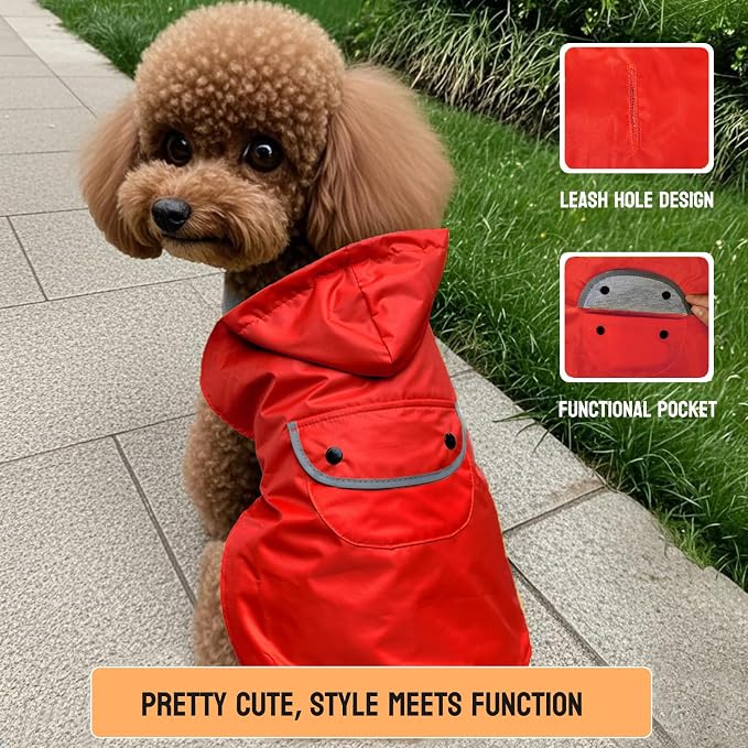 Dog Raincoat Dogs Rain Jacket Reflective Poncho Rainwear Waterproof Pet Clothes Breathable Lined Pocket Hooded Leash Hole Adjustable Small Medium Dogs,Red,L,Back Length 12.8 Inch