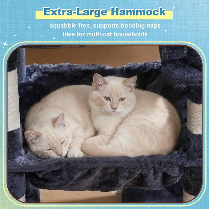 Hey-brother Cat Tree Tower with 3 Condos, Step Climbing Pathway MPJ081G | 74.8 Inches Scratching Post with 3 House, Hammock, Large Basket, Cozy Bed, Sisal Board, Toys for Big Indoor Cats, Smoky Gray