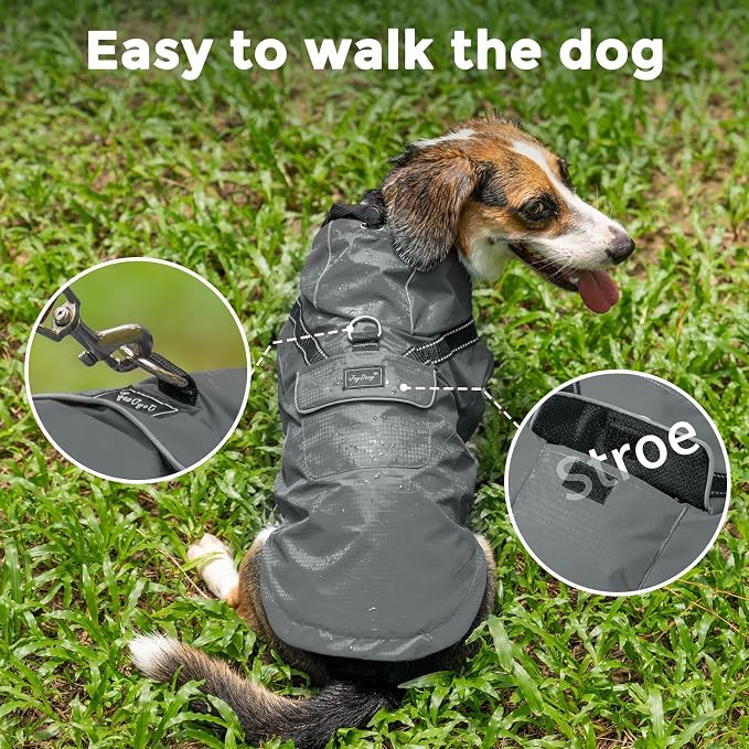 JoyDaog Dog Raincoat with Hood, Waterproof Dog Rain Jacket for Small Dogs | Waterproof dog rain jacket with hood and pockets for rainy walks, outdoor activities and everyday protection,Grey S
