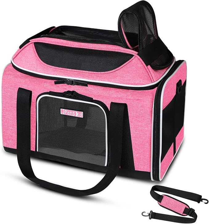 Petskd Top-Expandable Small Pet Carrier 18"x13"x9.5" Airline Approved | for Southwest Airlines, Lockable Safety Zippers and Anti-Scratch Mesh, Soft-Sided, Pets Under 10 Lbs, Pink