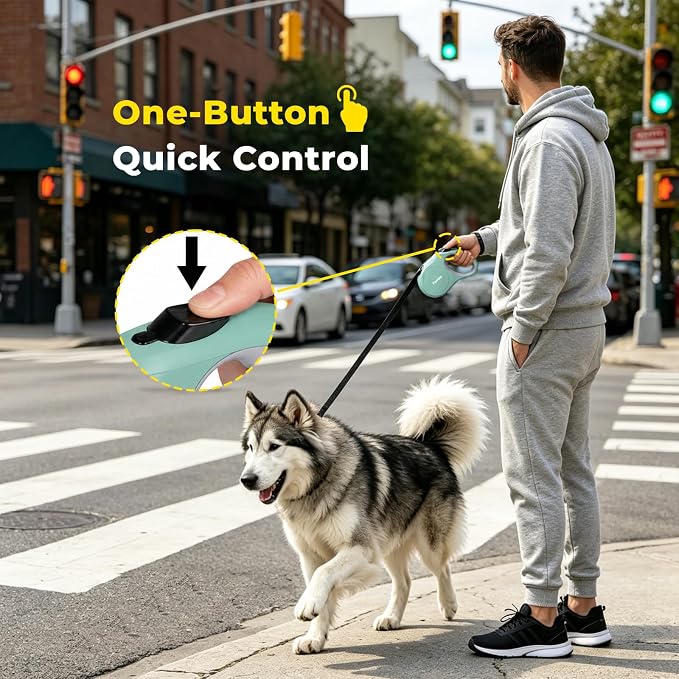 Retractable Dog Leash 16 ft Extendable Leash for Small and Medium Dogs Tangle-Free Nylon Tape One-Hand Brake Lock Walking Lead Up to 55 lbs