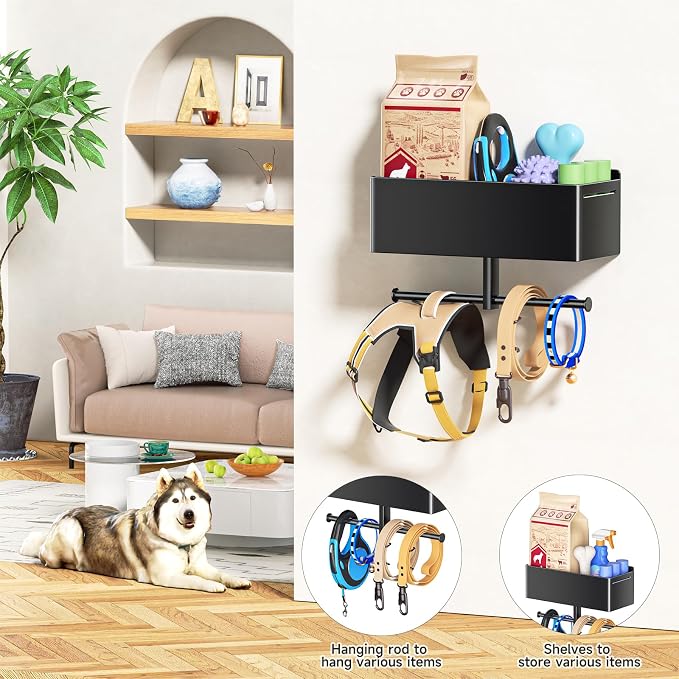 Dog Leash Holder for Wall, Dog Leash Hooks, Pet Stuff Organizer with Shelf Storage, Metal Key Holder, Leash Hangers Organizer Rack for Pet Collar, Toys, Treats, Poop Bag (Black)