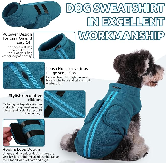Queenmore Dog Sweaters - Soft Fleece Pullover Jacket, Warm Winter Dog Clothes, Dachshund & Cat Size, Boy or Girl (Peacock-Blue, S)