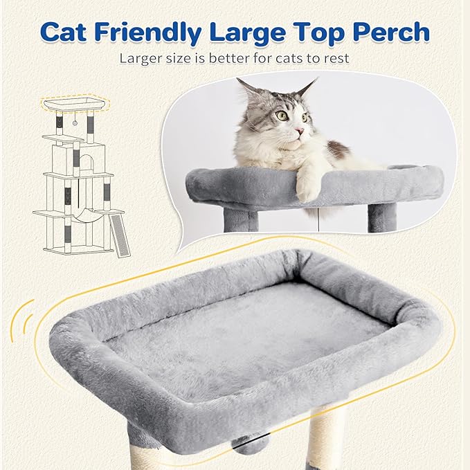 ABCPET 63" Multi-Level Cat Tree Tower for Indoor Cats, Light Grey | 63" multi-level cat tower with sisal scratch posts, cat condo, hammock, dangling toy & wide perch for indoor cat rest & play