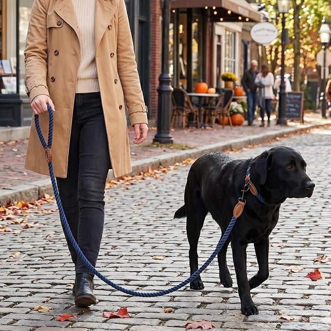 Mile High Life Dog Leash Braided Cotton Rope with Leather-Reinforced Ends | Rust-proof 360° swivel clasp, Heavy-duty for medium/large breeds. Great for weddings, daily walks (4 FT, 1/2", Navy)