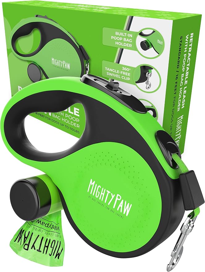 Mighty Paw Retractable Dog Leash with Poop Bag Holder, 16 Ft | Quick-Lock Braking, Tangle-Free Swivel Clip, Reflective Nylon Tape, Stainless Steel Coil, Fits Small to Large Pets