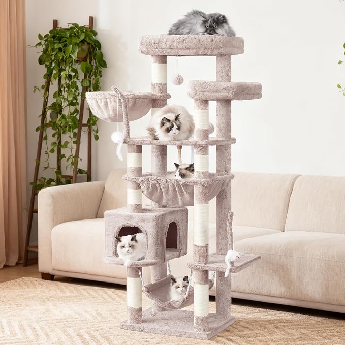 Gitelsnour Cat Tree, 63'' Cat Tower for Large Cats, Big Hammock GCT020MU | Cat Condo, Cat Scratching Posts for Indoor Adult Cats, 4 Platforms（ 2 Big 2 Small）, 2 Baskets, Sisal Rope, 4 Toys, Mushroom