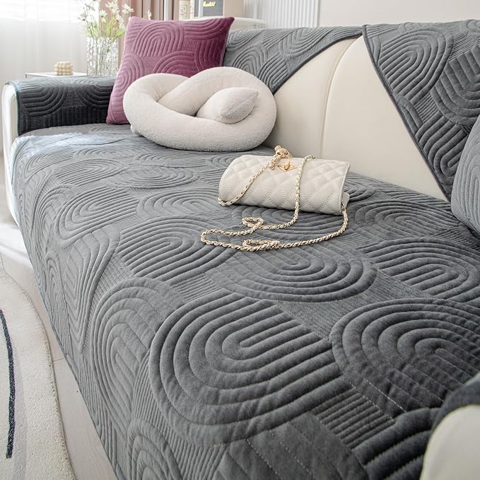 Soft Plush Geometric Quilted Couch Sofa Cover Boho Non Slip Fuzzy Sectional Couch Cover Solid Color Washable Sofa Slipcover Furniture Protector for Kids Dogs Cats (Dark Grey,36"x28")