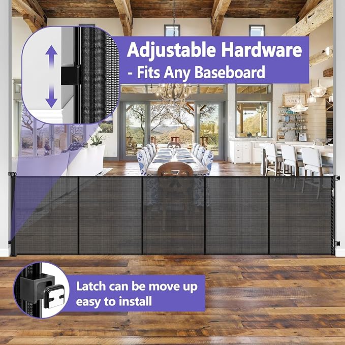 Reinforced 42" Tall Pet Gate 96" Wide Retractable Baby Gate, Indoor/Outdoor | Tall Retractable Dog Gate Prevents Crawling Under, One-Hand Operation Safety Lock, Scratch-Resistant Mesh, Easy Install/Black
