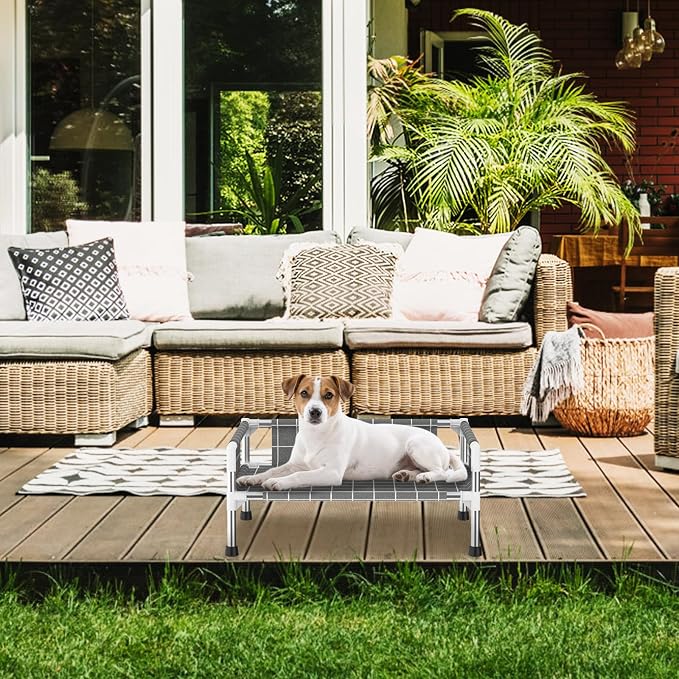 Elevated Dog Bed with Guardrail, Raised Pet Bed for Small Dogs | Rust-resistant stainless steel frame with safety fence & soft cotton fabric. Anti-slip feet for secure indoor and outdoor use