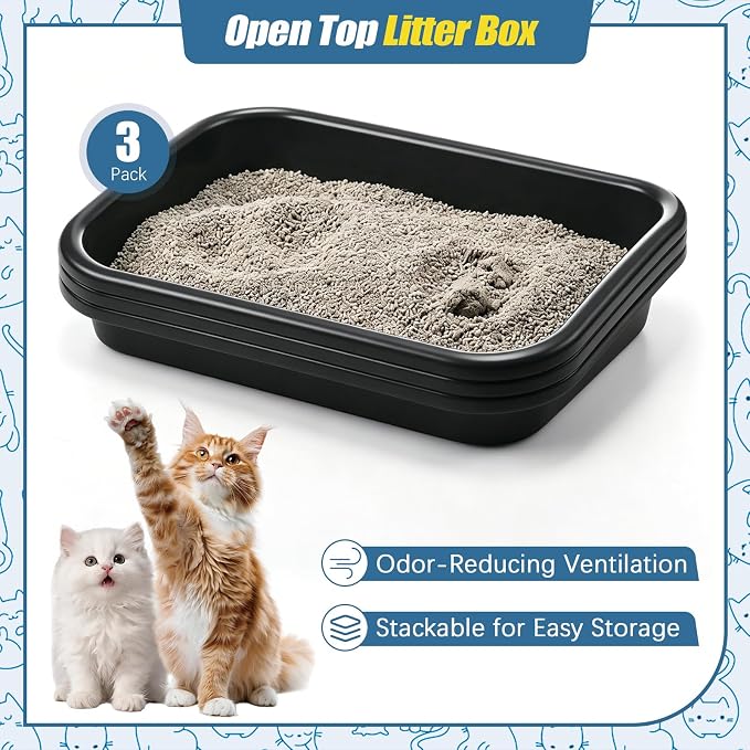 Uiifan 3 Pcs Extra Large Low Entry Cat Litter Box for Senior Kitty Pet Open Top Litter Box for Senior Kitten Handicap Disabled Older Elderly Cats, Easy to Clean(Dark Gray,16.9 x 12 x 3.15 Inches)