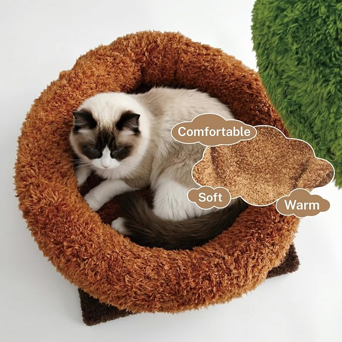 STILLCOVE Small Cat Tree with Scratching Post: Solid Wood Kitten Tower | Cloud Flower Bed, Real Nature Wood, Mini Short Modern Aesthetic Mau Cute House Condo Perch, Hanging Ball, Indoor cats