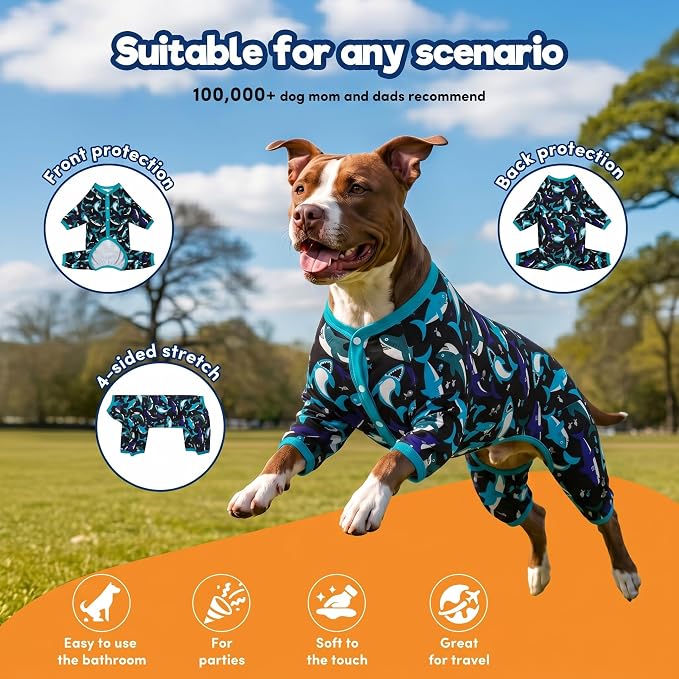 LovinPet Dog Onesies - Pet Anxiety Relief, Anti-Shedding Dog Pajamas, Lightweight Stretchy Fabric, Whale Hello There White Print, Large Dog Pjs, Pitbull Clothes All Season/Large