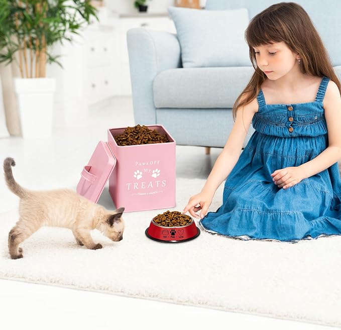 Meraki Home Farmhouse Cat Food and Treats Containers + Feed Scoop + Pet Food Bowl - Tight Lids - Large Metal Storage Bin - Great Gift for Cute Pets (Matte Pink)