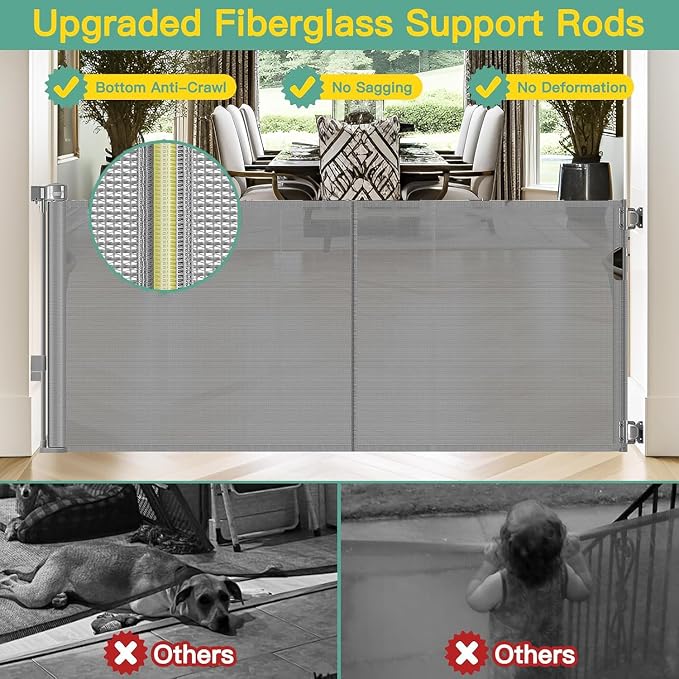 Upgraded 60" Wide Retractable Dog Gate with Reinforced Rods - Bottom Anti-Escape, 5 ft Retractable Baby Gates for Doorways Retractable Gates for Dogs Indoor/Outdoor Retractable Pet Gate, Gray | Space-Saving Indoor/Outdoor Retractable Gate, One-Hand Ope...