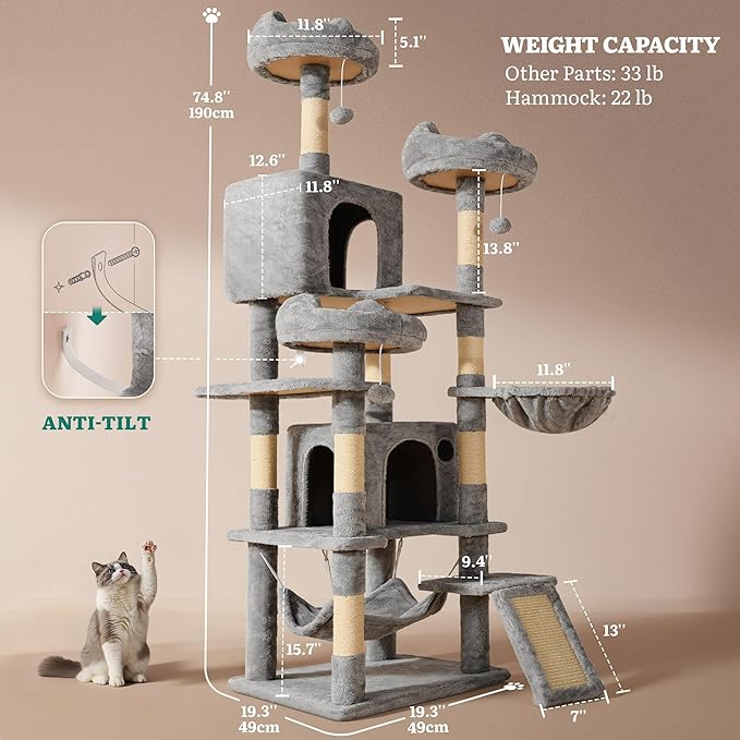 YITAHOME 75-Inch Tall Multi-Level Cat Tree Indoor | Cat Tree Tower with Condos, Top Perches, Sisal Ramp, Scratching Posts & Cozy Basket Hammocks