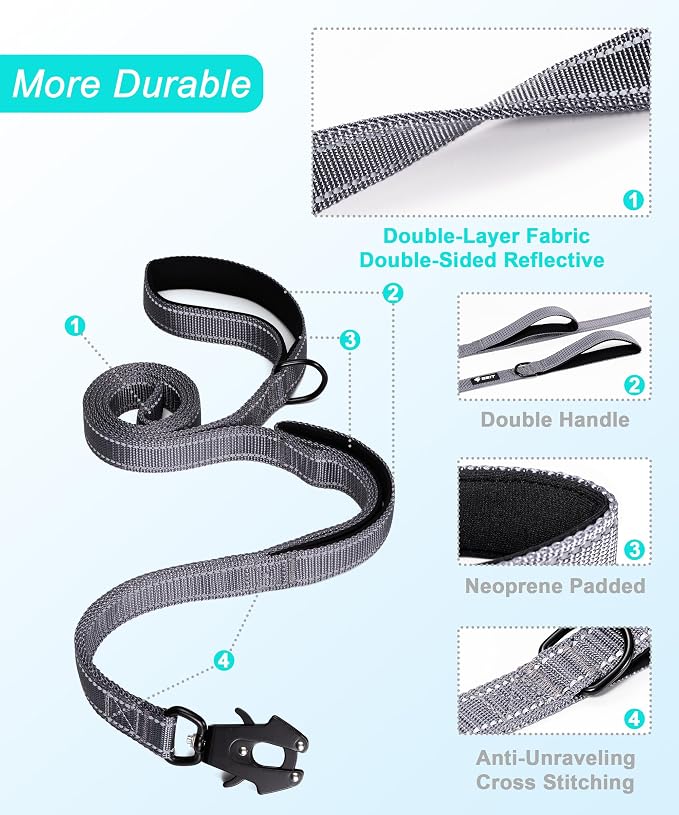 GEIT 4/5/6FT Heavy Duty Dog Leash with 2 Comfortable Padded Handles, Reflective Rope Leashes with Quick Release/Locking Tactical Frog Clip for Small Medium and Large Dogs, Grey