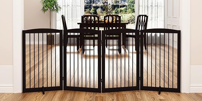 PUPETPO Freestanding Pet Gate for Dogs, Indoor Wooden Foldable Dog Gate for House, Doorway, Stair, 80 Inch Wide, 4 Panels 32",Brown