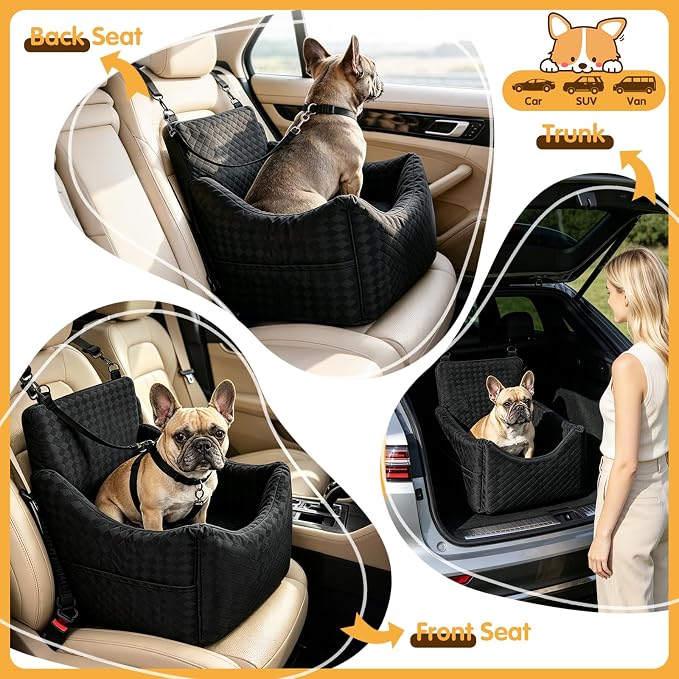 Topmart Dog Car Seat for Small Medium Dogs Under 35lbs, Cozy Pet Seat | Foam Safety Dog Booster Seat for Back Seat, Pet Bed for Car with Safety Tether, Storage Pockets, Machine Washable Cover Black
