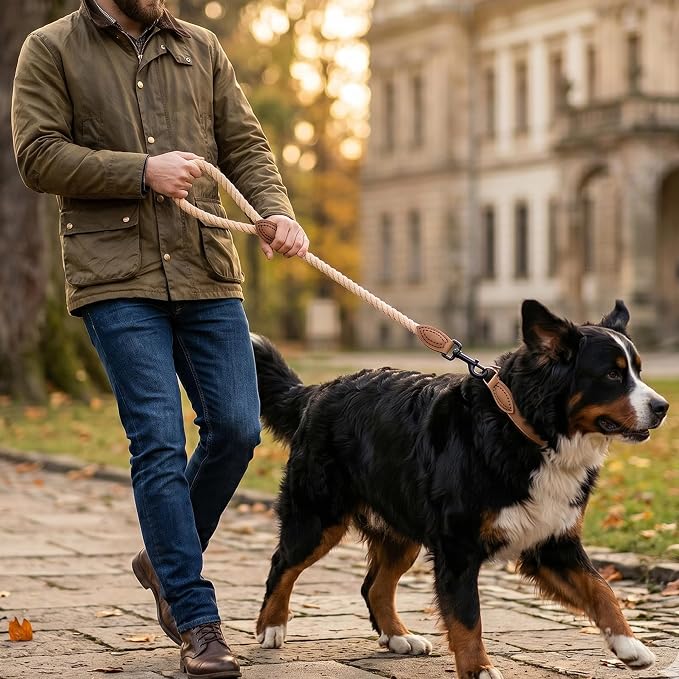 Mile High Life Dog Leash Braided Cotton Rope with Leather-Reinforced Ends | Rust-proof 360° swivel clasp, Heavy-duty for medium/large dogs. Great for weddings, daily walks (18IN, 1/2", Light Brown)