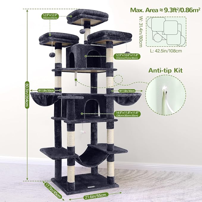 Globlazer Big Cat Tower for Indoor Cats, 80inch Cat Tower for Multiple Adult Cats XXL Cat Tree with Scratching Post, Hammock, 3 Perches, 2 Condos, 2 Hanging Basket, F80, Dark Grey
