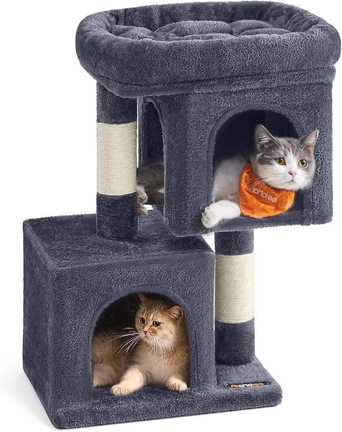 Feandrea Cat Tree, 26.4-Inch Cat Tower, Plush Condo for Kittens up to 7 lb, Large Perch, 2 Caves, Scratching Post, Smoky Gray UPCT611G01