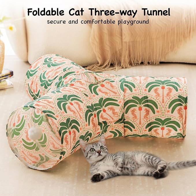 Tempcore Cat Tunnel for Indoor Cats, 3 Way Collapsible Pet Play Tunnel with Teaser Wand, Peek Holes & Hanging Ball, Interactive Tube for Kittens & Rabbits, Khaki Coconut Tree