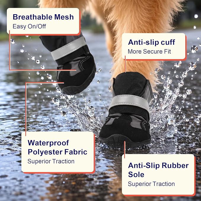 Dog Shoes for Hot Pavement,Non-Slip Breathable Mesh Dog Boots with Reflective Adjustable Straps,Waterproof Paw Protectors for Small Medium Large Dogs,Summer Hiking Walking,4#,Black