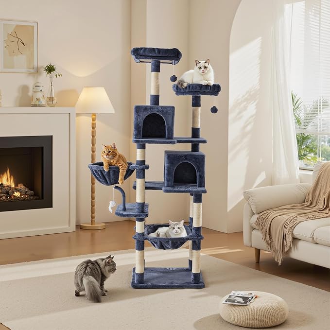 Sweetcrispy 71 inch Cat Tree Tower for Indoor Cats, Dark Blue | Large Multi Level Cat Climbing Tower with Condo, Natural Sisal Scratching Posts, Platform, Hammock, Basket