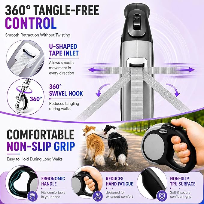 Double Retractable Dog Leash for Two Dogs Up to 115 lbs - 18.6 ft Coupler Leashes for Small Medium Dogs - One Locked System, Non Slip Grip, Tangle Free (Grey)